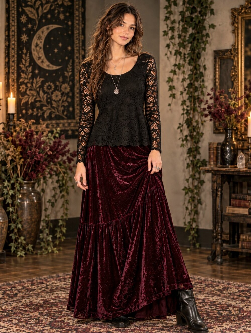Black Lace Long-Sleeve Top L Scoop Neck Stetchy Whimsigoth Dark Romantic Witchy